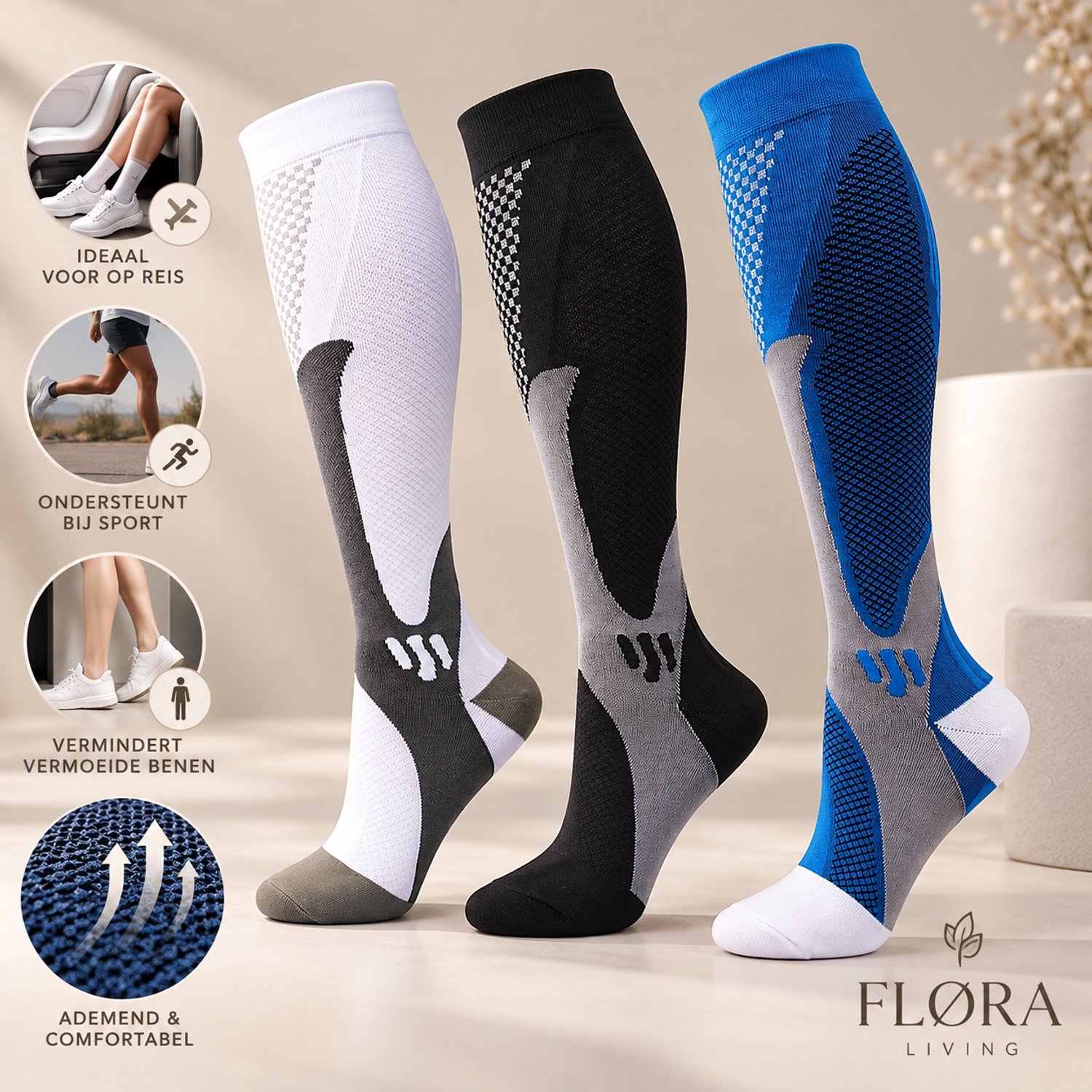 FLØRA Living Compressiekousen - Maat L/XL - Zwart - Compressiesokken Hardlopen en Reizen