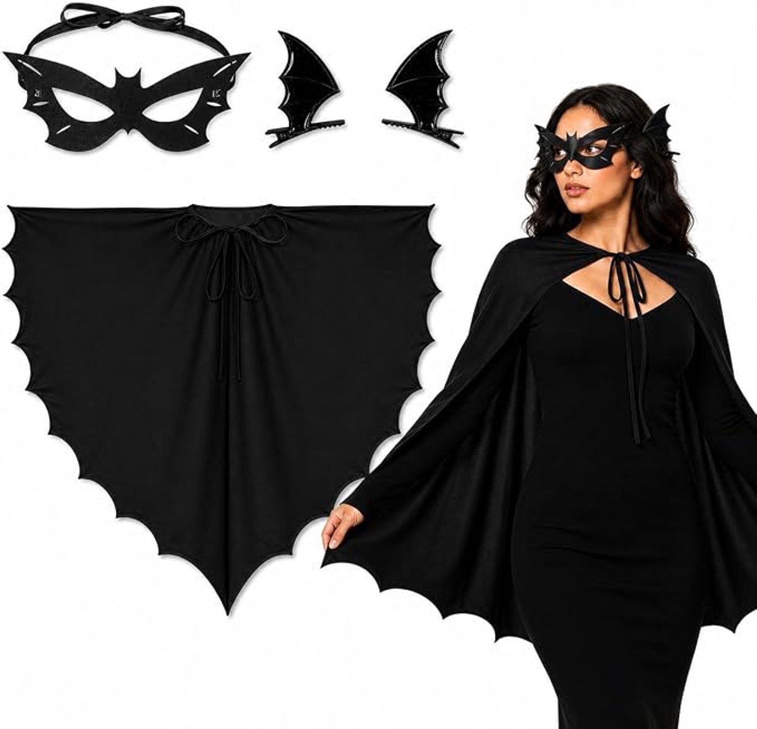Vleermuis kostuum dames - Halloween verkleedaccessoires - Carnaval cape met vleugelvorm - Cosplay met oogmasker - Twee decoratieve haarklemmen - Aangehechte capuchon en striksluiting - Zwart - 4-delige set