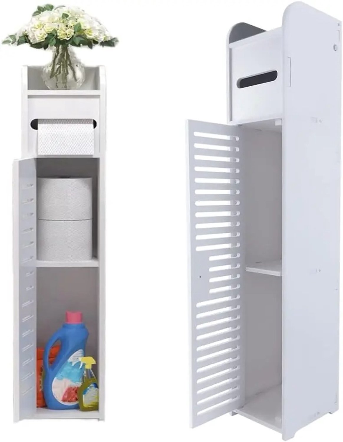 MokoHub Badkamerkast 3-Laags met Deur - Vrijstaande Toiletrolhouder - Smalle Toiletopbergkast - Vloerkast - 16x16x81 cm - Wit