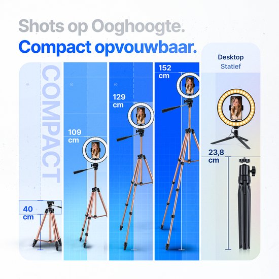 Studio ME ringlamp statief, in hoogte verstelbaar van 40 tot 152 cm, inclusief compacte desktop-statiefoptie.