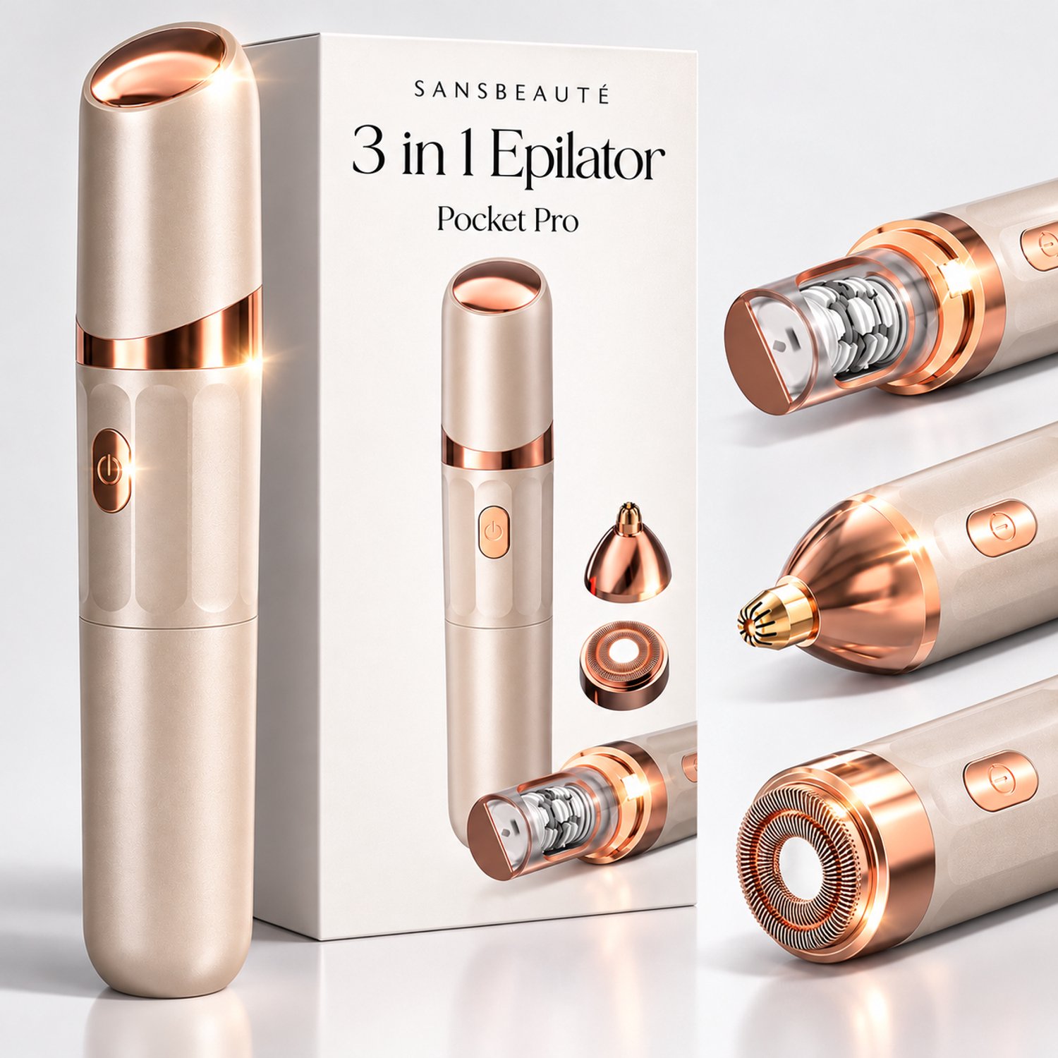 Sansbeauté 3 in 1 Epilator voor Vrouwen PocketPRO Complete met Travel Bag - Epileerapparaat Dames - Epilator - Gezichtsepilator Vrouw - Gezichtsontharing Dames - Epilator Gezicht - Epilator Dames - Gezichtsepilator dames - Oplaadbaar - Rosé Gold