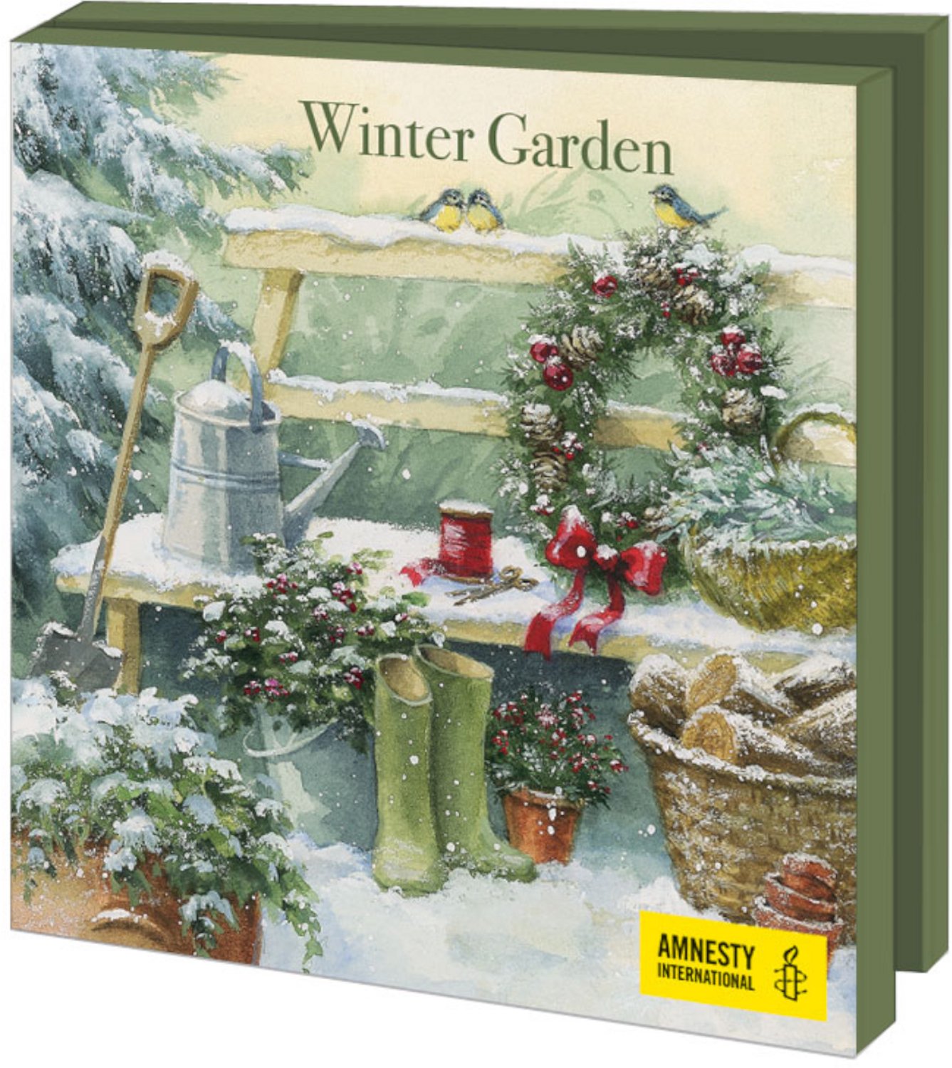 Kerstkaarten 10x - Kaartenmapje met env, vierkant: Winter Garden, Hazel Lincoln, Amnesty - 2x5 motieven