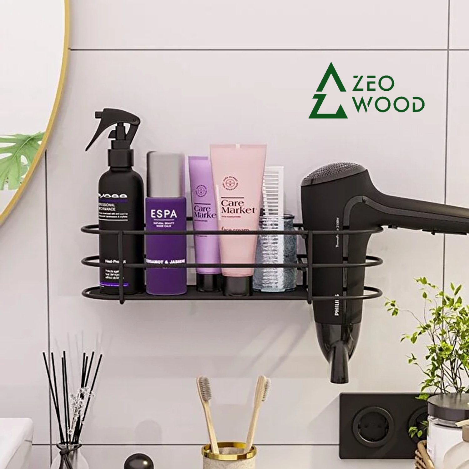 Zeo Wood Föhnhouder Zonder Boren – Föhn Houder – Haardroger Houder – Zelfklevend – Badkamer Organizer – Wandhouder – Zwart