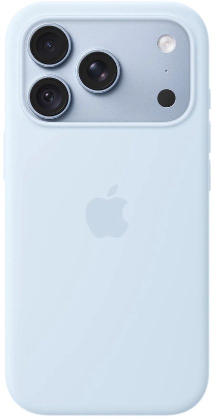 Lichtblauw siliconen hoesje met een blauwgrijze cameramodule en Apple-logo op de achterkant.