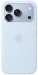 Lichtblauw siliconen hoesje met een blauwgrijze cameramodule en Apple-logo op de achterkant.