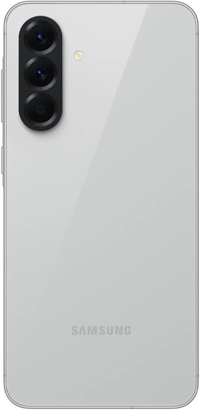 Achterkant van een grijze smartphone met een strak, minimalistisch ontwerp en Samsung-logo.