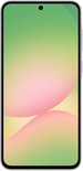 Vooraanzicht van een grijze smartphone met een levendig groen en roze behang op het scherm.
