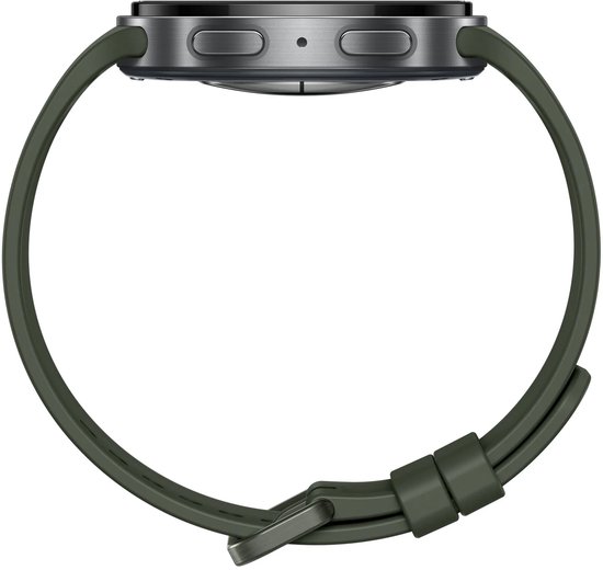 Zijaanzicht van de olijfgroene smartwatch met zilveren knoppen aan de behuizing.