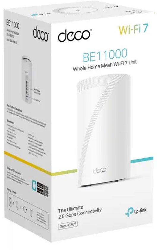 Verpakking van een TP-Link Deco BE11000 mesh Wi-Fi 7-systeem met afbeelding van de witte router en productinformatie.