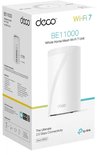 Verpakking van een TP-Link Deco BE11000 mesh Wi-Fi 7-systeem met afbeelding van de witte router en productinformatie.