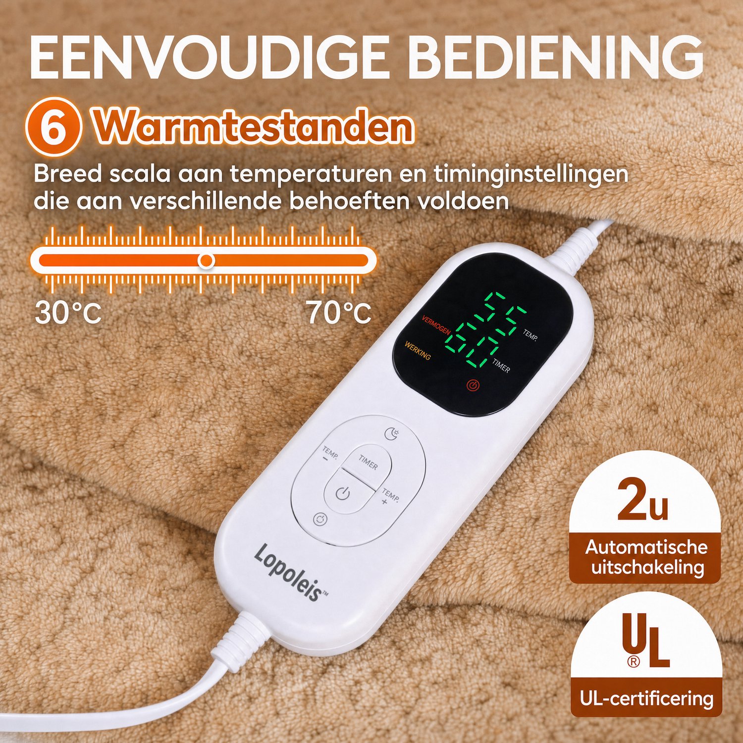 Lopoleis® Elektrische Deken XXL 180x150 cm – Verwarmingsdeken – Infrarood Warmtedeken – Omslagdeken – Flanel & sherpa – 150W – Bruin thumbnail 5