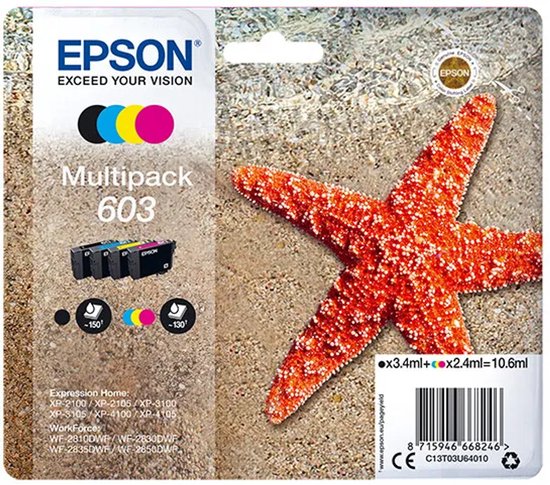 Epson 603 multipack inktcartridges verpakking met oranje zeester op een zandstrand.