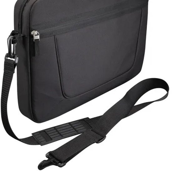 Zwarte Case Logic laptoptas met afneembare schouderriem en verstelbaar antislip-schouderstuk.