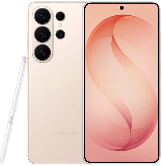 Rozegekleurde smartphone en witte styluspen, getoond met zowel het scherm als de achterkant.