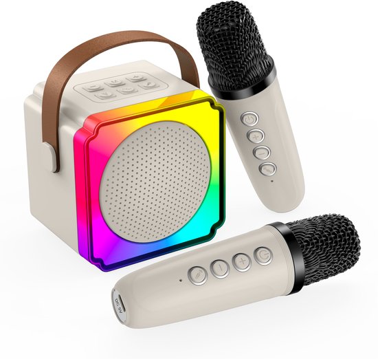 Beige karaokespeaker met leren handvat en regenboog LED-verlichting, met twee bijpassende beige microfoons.