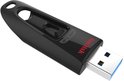 Zwarte SanDisk Ultra USB 3.0-stick, aanzicht van bovenkant.