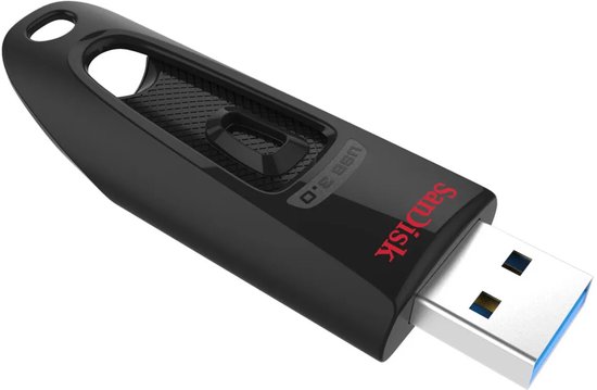 Zwarte SanDisk Ultra USB 3.0-stick, aanzicht van bovenkant.