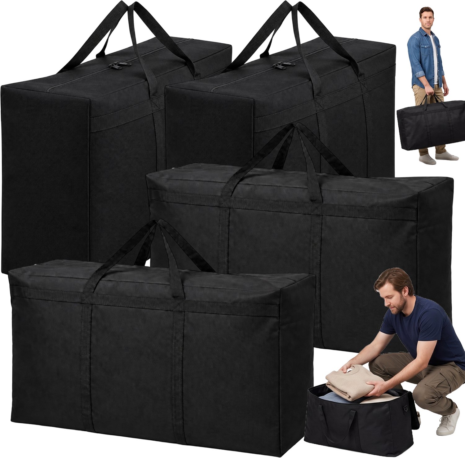 XXXL Verhuistassen Set - Verhuiszakken - Verhuis & Opbergtassen - 4 Stuks - 180L - 100x60x30cm - 35kg - Verstevigde Handvatten & Dubbele Ritsen - Slijtvast & Scheurvast - Opvouwbaar - Big Moving Bag - Voor Verhuizing & Seizoenskleding - Zwart