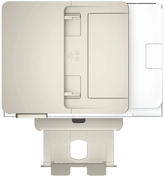 Bovenaanzicht van witte HP Envy Photo printer met beige papierinvoer en geopende uitschuifbare lade.