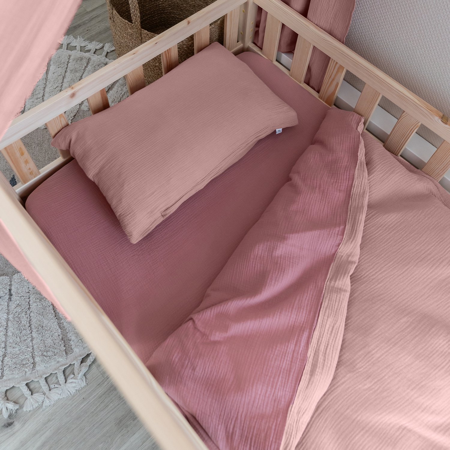 LILIMAUS Kinderdekbedovertrek 135 x 200 cm (Duitse maat) met kussensloop 80 x 80 cm - mousseline katoen - roze en poederroze