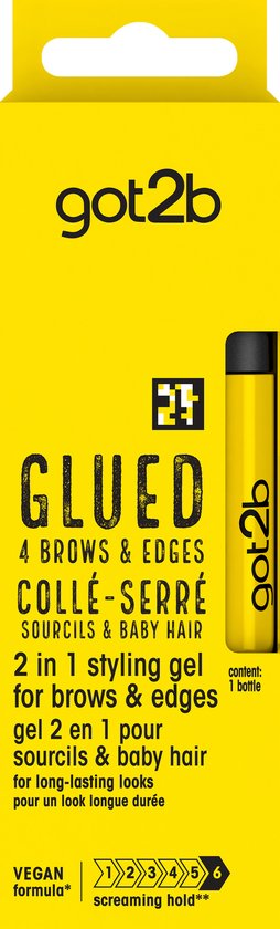 Gel coiffant 2 en 1 jaune Got2b Glued pour sourcils et bords avec une fixation forte dans un flacon.
