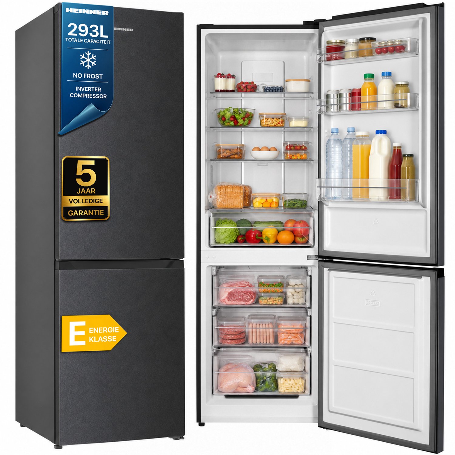 Heinner HCNF-HM293INVDGE++ Koel-vriescombinatie 293 L – No Frost – Inverter Compressor – Elektronische Bediening met Instelbare Thermostaat – Omkeerbare Deur – Antracietgrijs – 5 Jaar Garantie