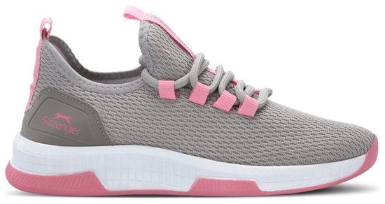 Slazenger Abena damessneaker, grijs met roze accenten en wit platform.