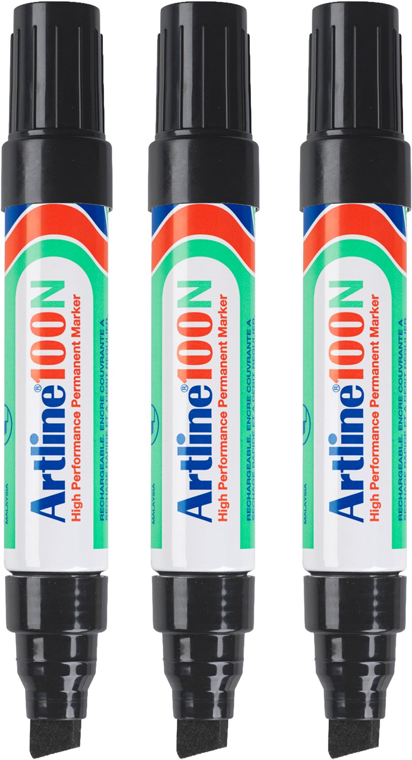Artline 100 NEAT Permanent Markers - Set van 3 markers - Met een beitelpunt van 7,5 - 12mm - Zwart