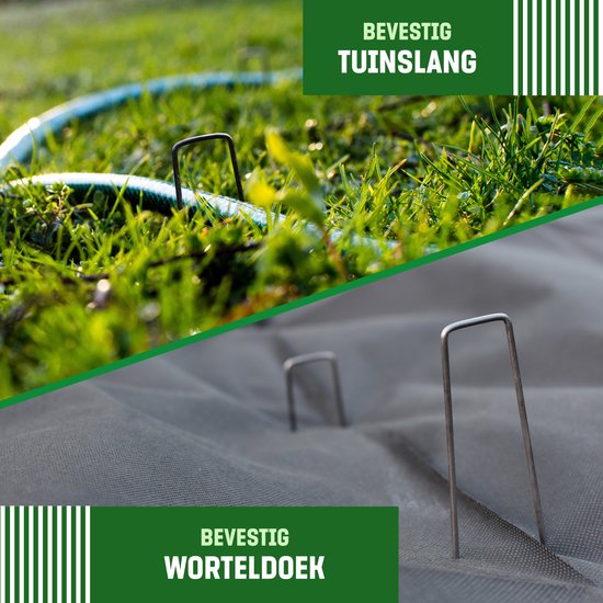 U-vormige metalen grondpennen die een tuinslang in het gras en worteldoek in de grond vastzetten.
