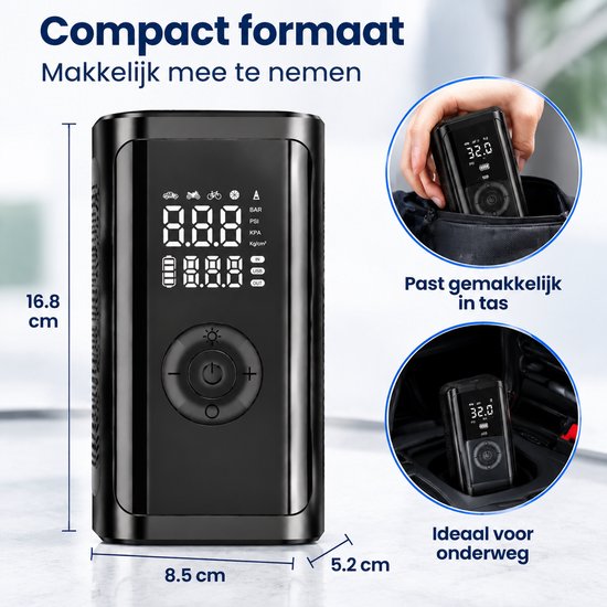 Draadloze Bandenpomp Auto - Elektrische Luchtcompressor 12V - Digitale Drukmeter - Auto-Stop - LED - Auto, Fiets & Motor - Zwart — afbeelding 3