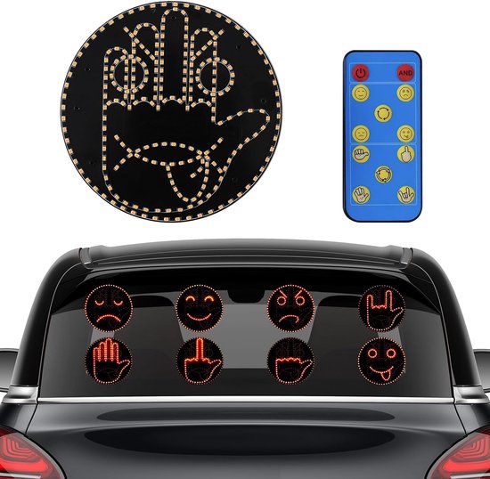 LED Handgebaar Auto met Afstandsbediening - 8 Modi - 4 Gebaren & 4 Emoji's - Achterruitverlichting - Zelfklevende Montage - Verlicht Auto Accessoire voor Waarschuwingen, Emoties & Veiligheid