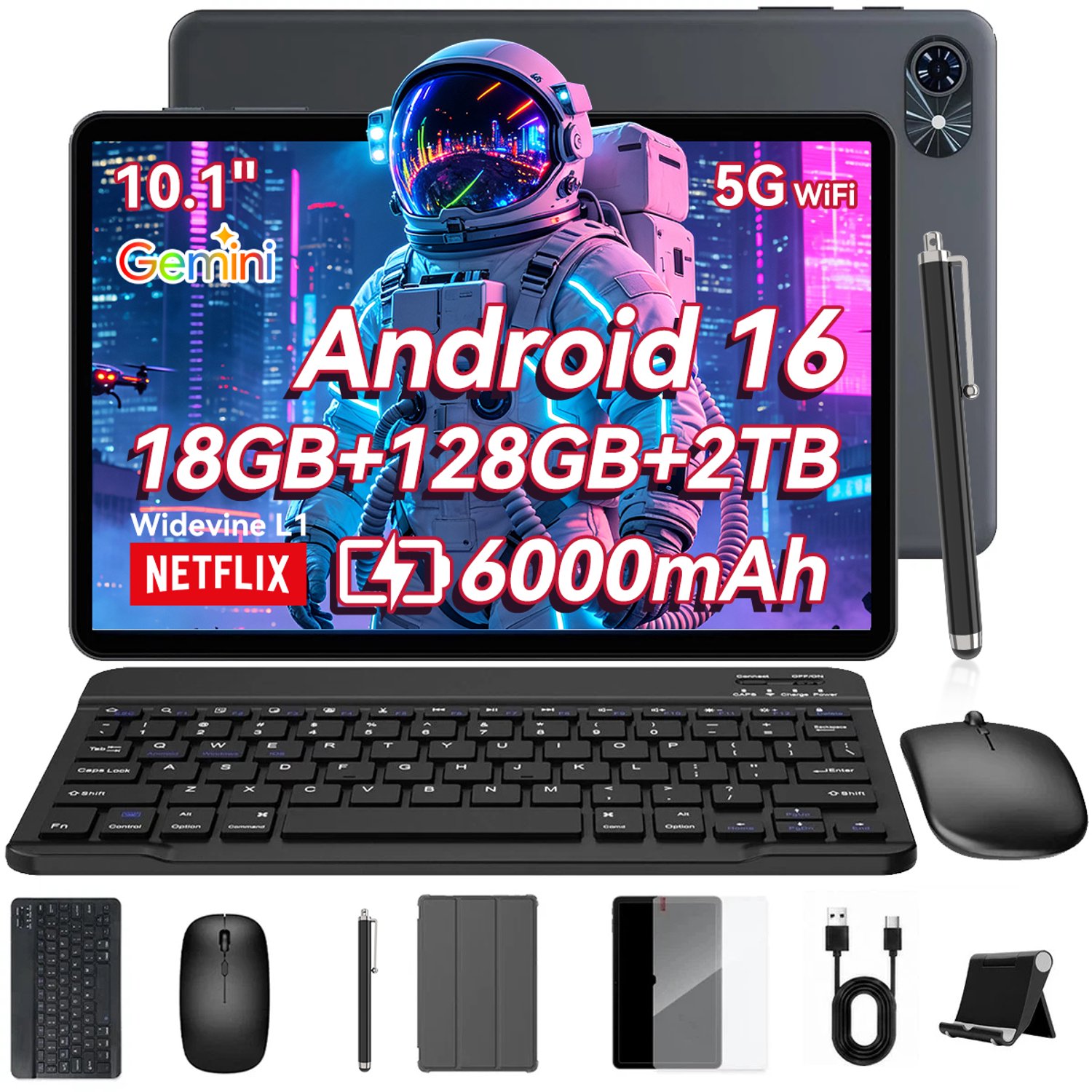 TABWEE Tablet T80 - 18GB RAM - 128GB ROM - met over-ear hoofdtelefoon - 6000mAh - 5G WiFi - Met Toetsenbord(QWERTY) - Muis - Pen - Hoes - Android 15 - Bluetooth 5.0 - Grijs