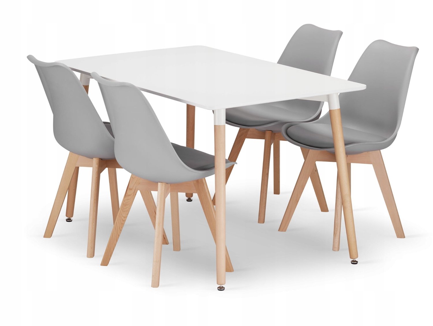 LEOBERT Eettafelset ADRIA 120x80 cm Wit + 4 MARK Stoelen Grijs met Beukenhouten Poten – Moderne Eethoek voor 4 Personen – Rechthoekige Eettafel met Stoelen – Stijlvolle Eetkamerset wit / grijs
