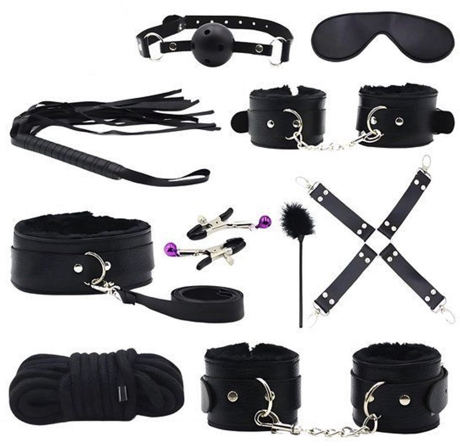 BDSM Set - 10 Delig - Gag Ball & Zweep - Seksspeeltjes - Handboeien - Zwart