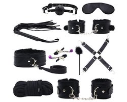 BDSM Set - 10 Delig - Gag Ball & Zweep - Seksspeeltjes - Handboeien - Zwart