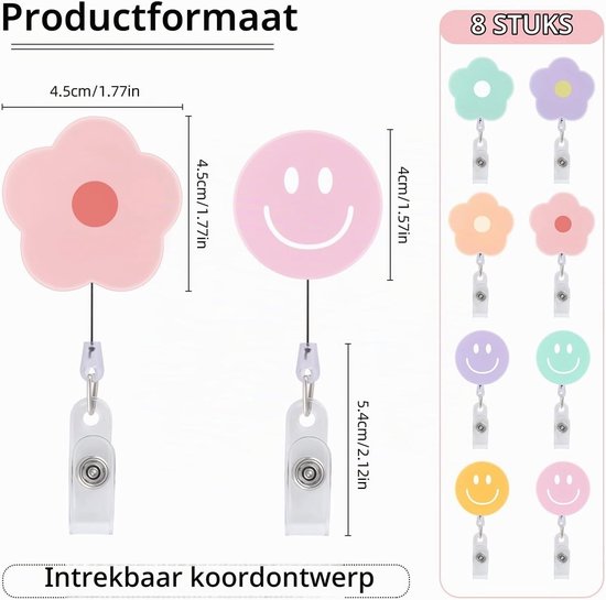 8-delige Retractable Badge Reel met Bloemen en Glimlach, ID Badge Houder voor Verpleegkunde, Ziekenhuis en Apothekersaccessoires, Naamclip voor Identificatie — afbeelding 5