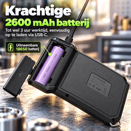 Endoscoop met open achterkant en een oplaadbare 2600 mAh 18650 batterij.
