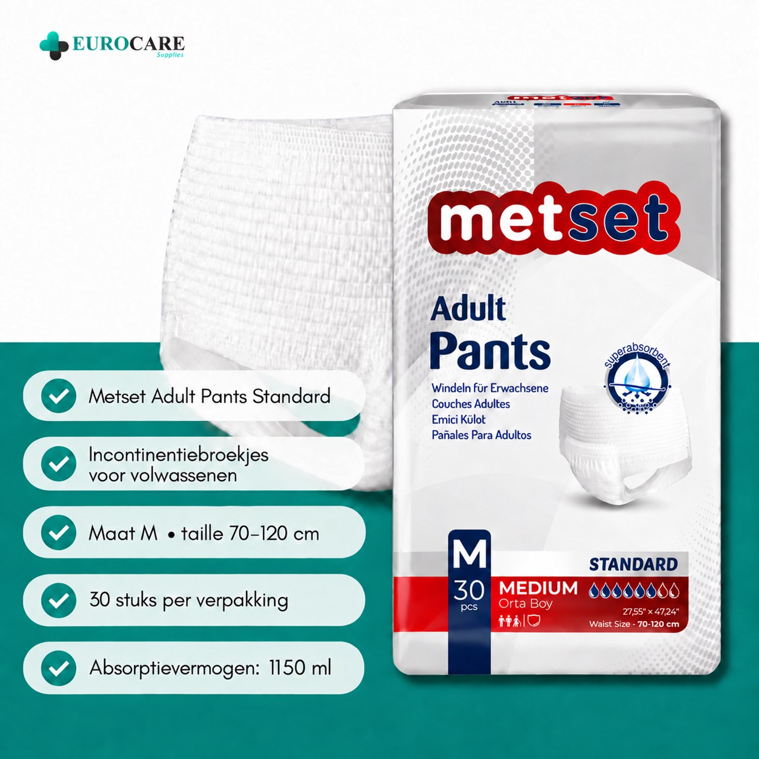 30 Stuks – Metset Incontinentiebroekjes – Maat M – 1150+ ml absorptie – Wegwerppants voor matige tot zware incontinentie – Comfortabel & huidvriendelijk – Dag & nacht bescherming