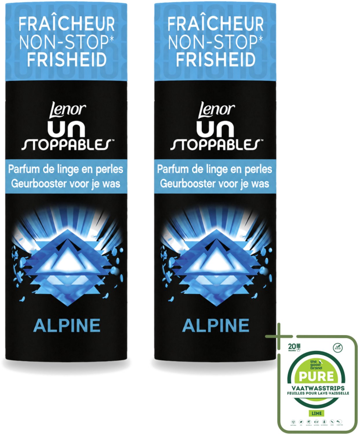 2 x Lenor Unstoppables – Geurbooster – Alpine – 19 Wasbeurten – 235 g - Grootverpakking - Vaatwasstrips - Geurbooster Wasgoed - Frisheid Wasgoed - Citrus Geur - Bloemen Geur - Kruiden Geur