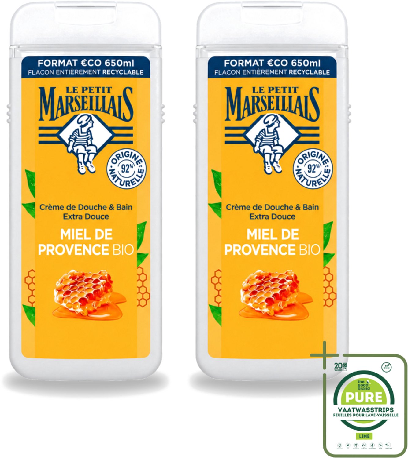 2 x Le Petit Marseillais – Douche & Bad – Honing – 650 ml - Grootverpakking - Vaatwasstrips - Douche En Bad - Honing - Huid Verzorging - Schuim - Zachte Huid