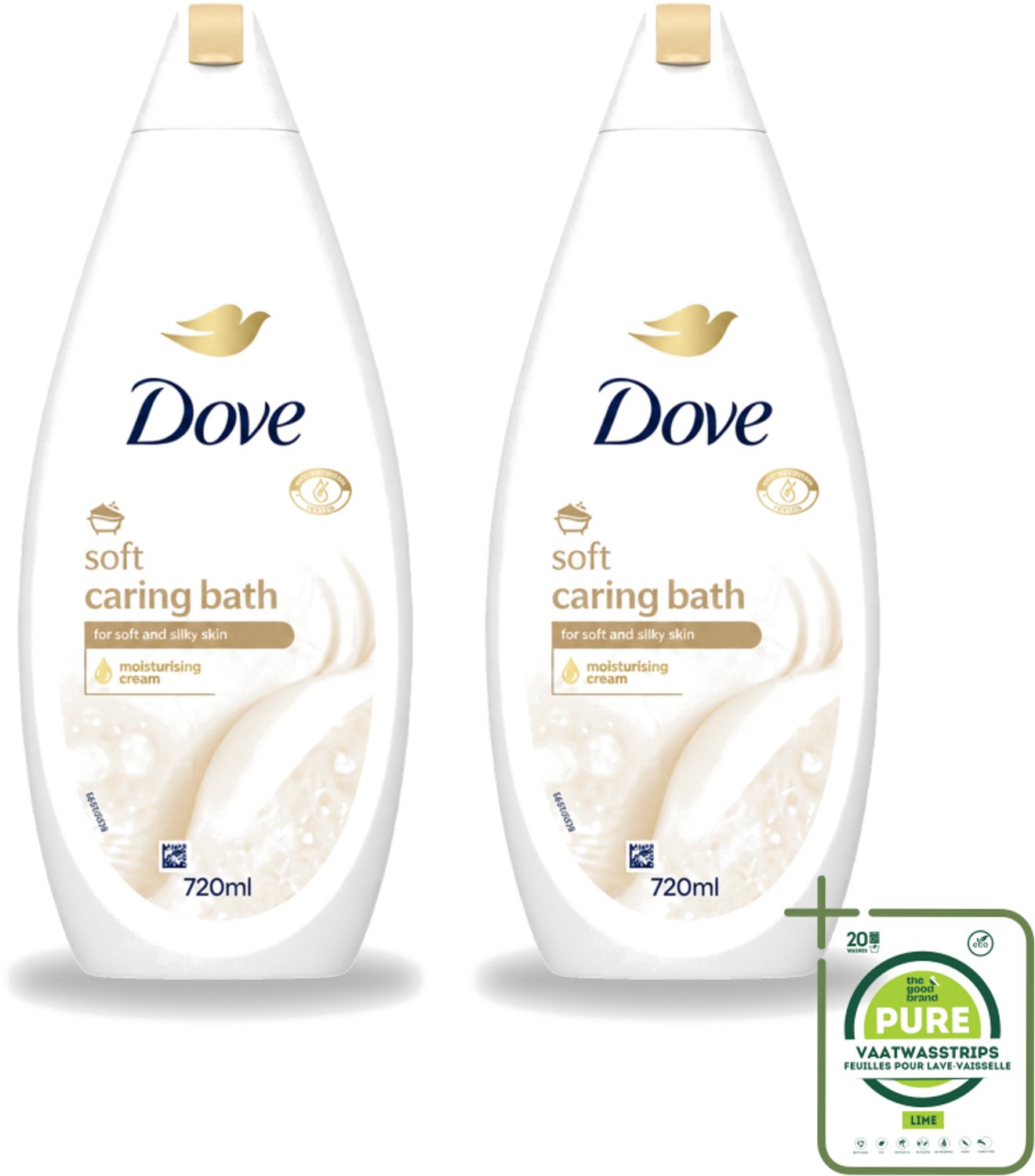 2 x Dove – Badcrème – Soft – 720 ml - Grootverpakking - Vaatwasstrips - Douchegel - Zachte Reiniging - Zijdeachtige Huid - Glycerine - Huidverzorging