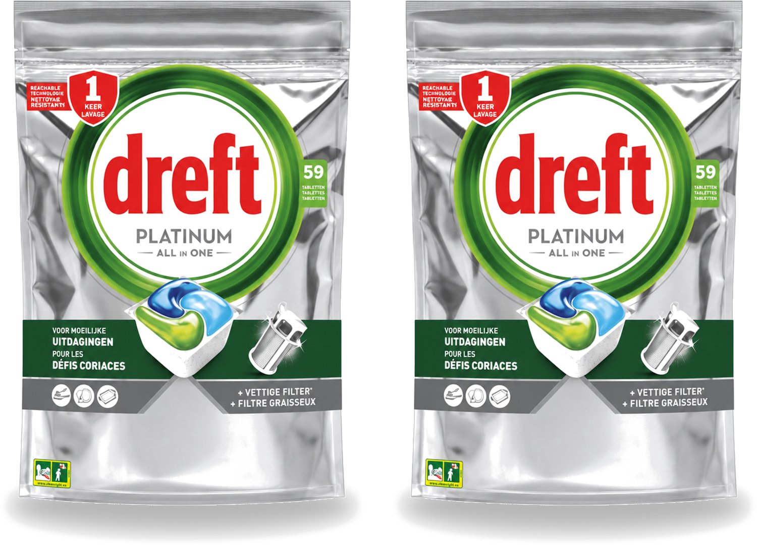 2 x Dreft – Vaatwastabletten – Platinum All-in-One Original – 59 Tabletten - Voordeelverpakking - 2 stuks
