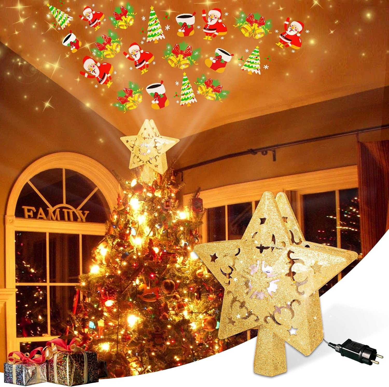 Kerstboompiek - Gouden Ster - - Met Ingebouwde Roterende LED-projector - Voor Versiering van de Kerstboom