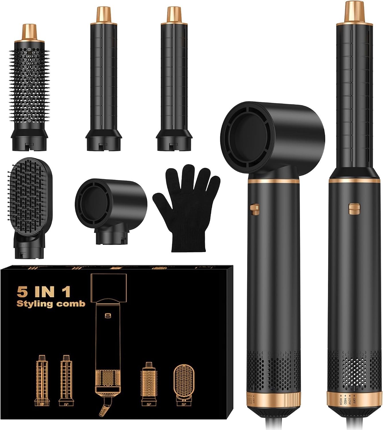 5-in-1 Haarstyler - Zwart/Goud - 1000 W - Multifunctionele Stylingset - Voor Dames