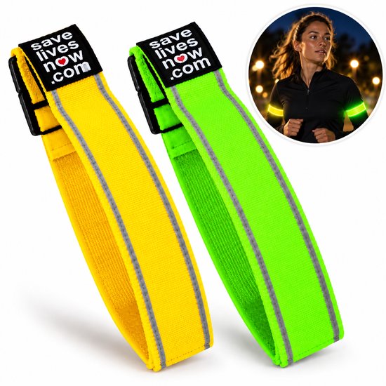 Gele en groene reflecterende armbanden; hardloper draagt ze op de arm.