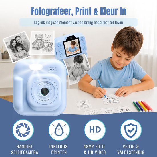 Impressora Térmica - Grote Kindercamera met foto printer - Digitale Camera Kinderen - Instant camera - Kinderfototoestel - SpeelgoedCamera - Mini printer - 48MP - Inclusief Cameratas + 4 papierrollen + 32GB sd kaart - Blauw — cadeau in Spellen & Speelgoed - foto 8