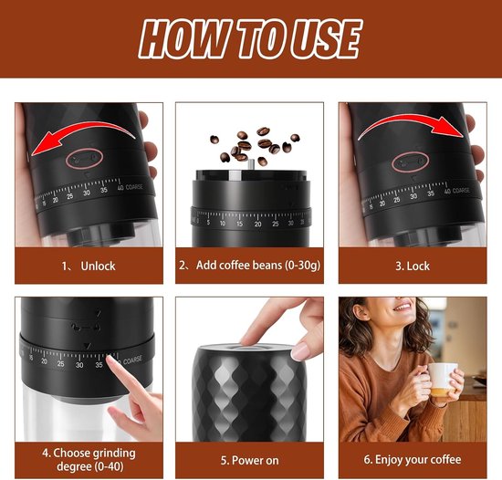 Draagbare elektrische koffiemolen, oplaadbaar via USB, ideaal voor versgemalen koffie onderweg — afbeelding 3