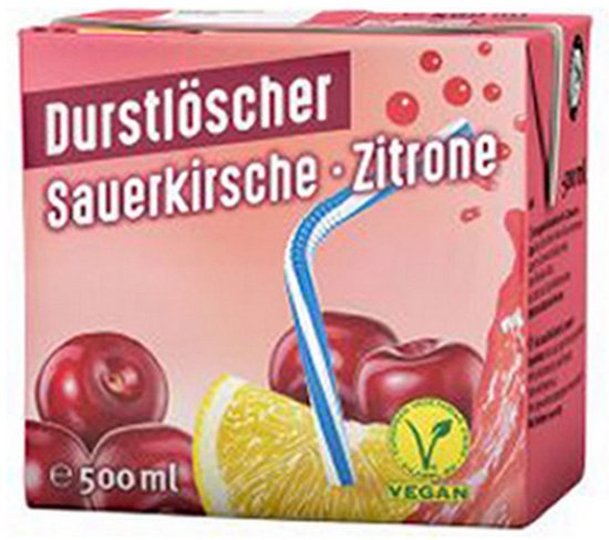 Roze pak Durstlöscher zure kers-citroen drank 500ml met afbeeldingen van kersen, citroen en een rietje, vegan logo.