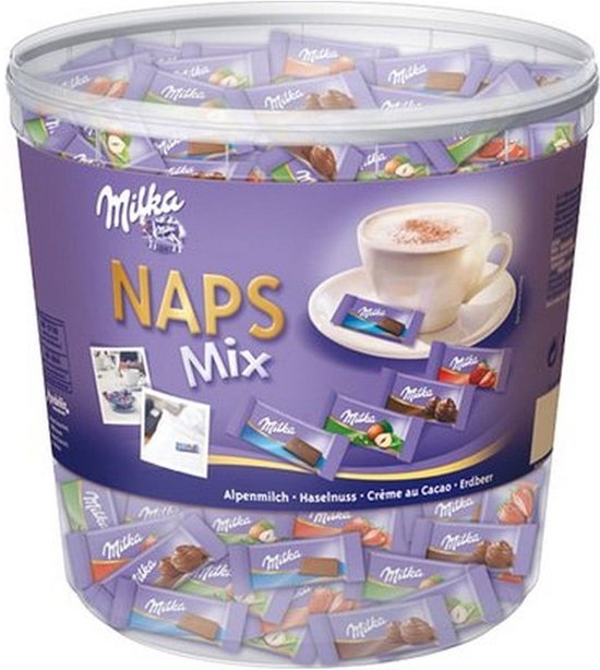 Transparante emmer met Milka Naps mix chocolaatjes in diverse smaken, met afbeelding van een kopje koffie.