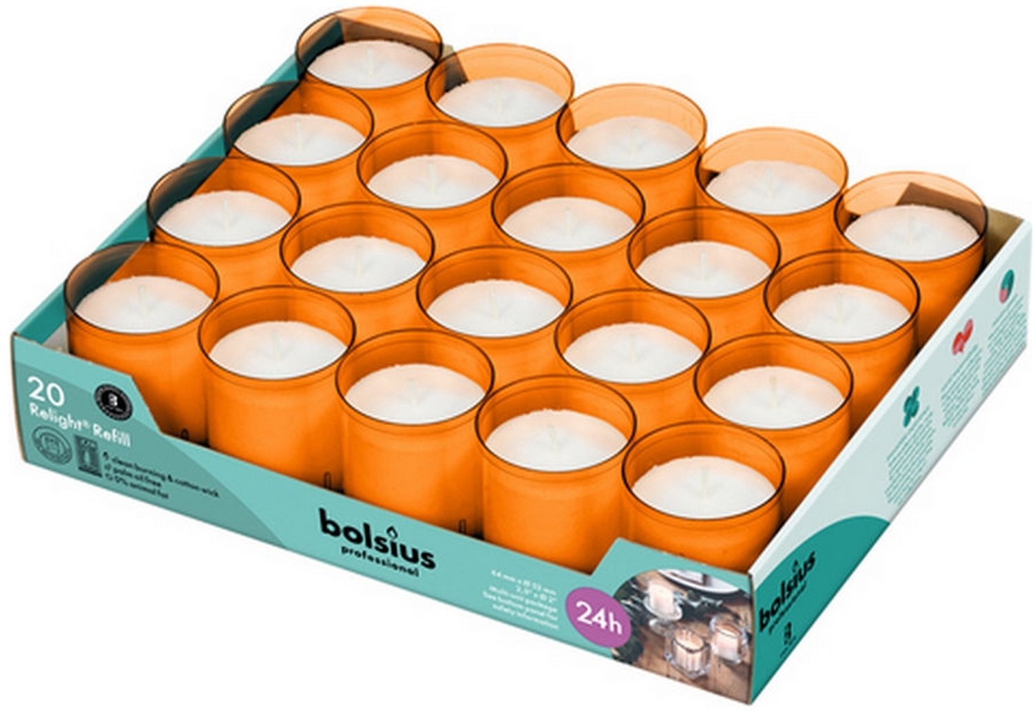 Bolsius 80 stuks Bolsius ReLight kaars in oranje houder 64/50 (24 uur)